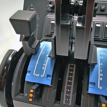 Experience enhanced flight simulation control with the Prodesksim Airbus A319-320-321 Dual Action Addon for the Honeycomb Bravo throttle quadrant. This addon features a close-up view of two blue levers labeled "Full" and "Cut Off," along with adjacent switches and a white-marked scale to accurately indicate throttle positions.