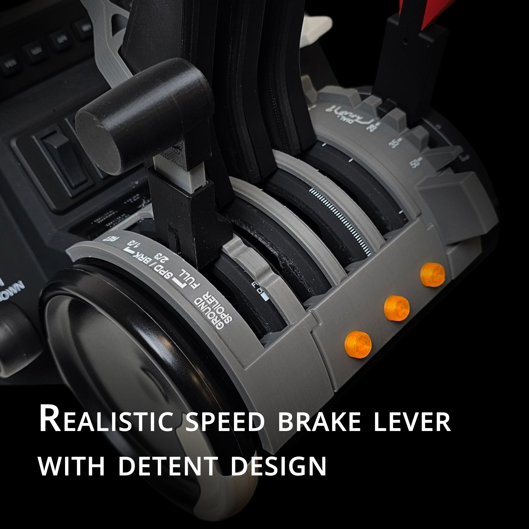 Close-up of a realistic speed brake lever with detents, inspired by the Prodesksim McDonnell Douglas MD-11 for Honeycomb Bravo throttle. It has numbered labels, three orange lights, and a black background with white text below.