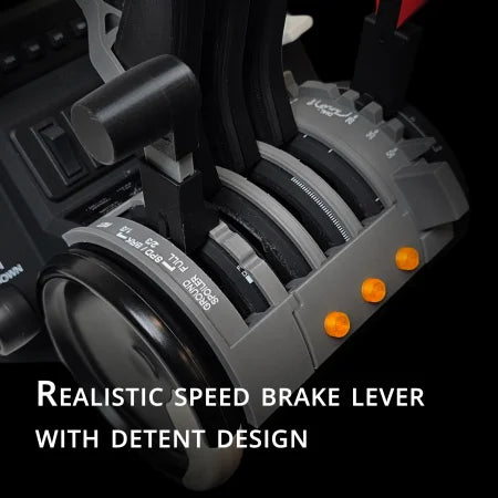 Close-up of a realistic speed brake lever with detents, inspired by the Prodesksim McDonnell Douglas MD-11 for Honeycomb Bravo throttle. It has numbered labels, three orange lights, and a black background with white text below.