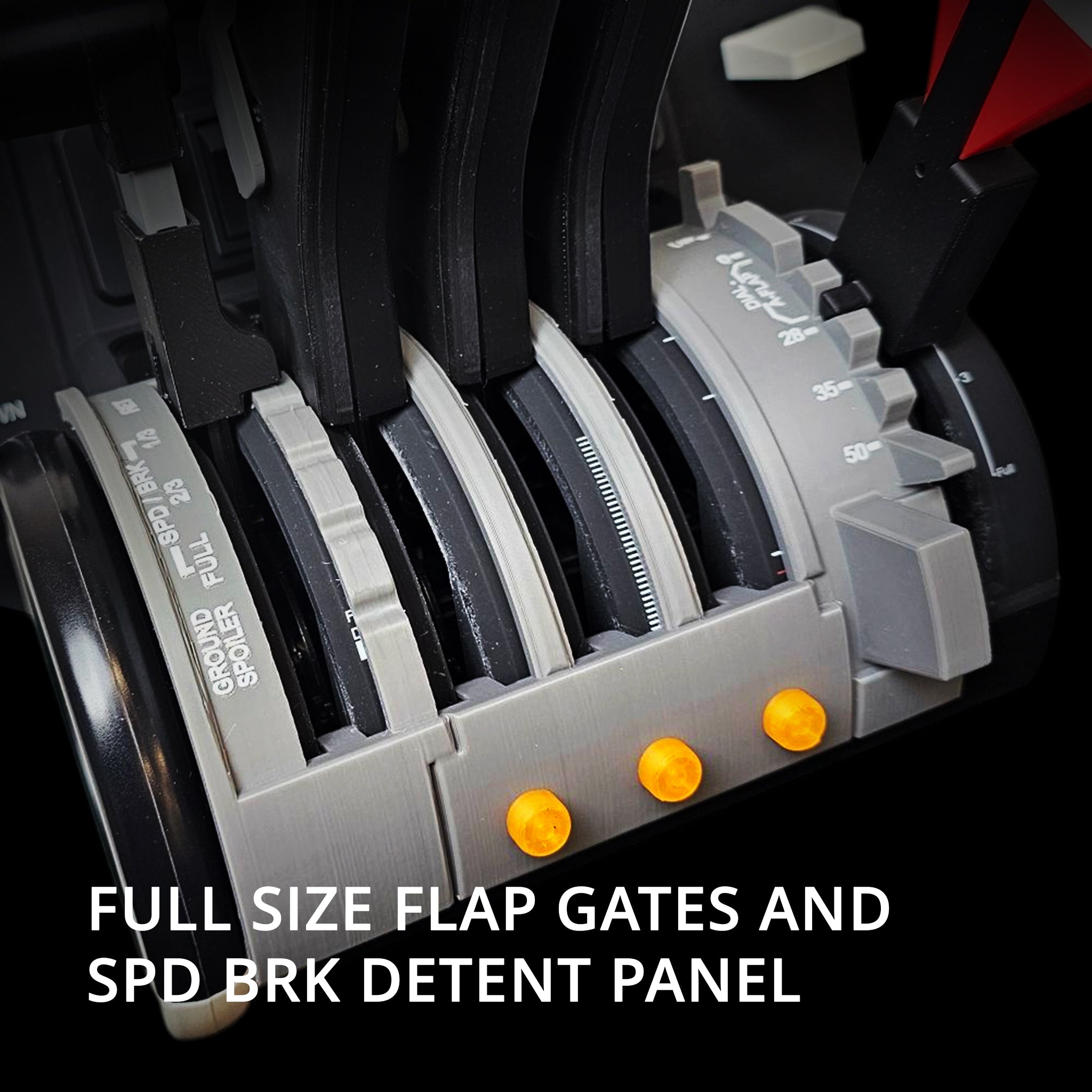 Close-up of the Prodesksim McDonnell Douglas MD-11 throttle pack for Honeycomb Bravo, featuring full-size flap gates and a speed brake detent panel with three orange push buttons, all highlighted against a dark background to showcase its intricate mechanical components and engraved markings.