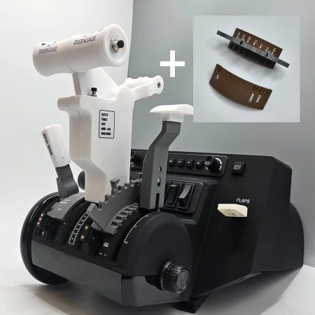 The ProDeskSim Boeing 737 Advanced Full Package Addon/Modification for the Honeycomb Bravo throttle quadrant by Prodesksim, designed to enhance your flight simulator experience, includes black levers labeled "DISENGAGE" and features a close-up of modified flaps with a brown flap detent. This setup is highlighted against a pristine white background.