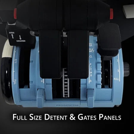 Close-up of the ProDeskSim Airbus A350 Advanced addon for the Honeycomb Bravo throttle quadrant, featuring blue levers and black grips ideal for immersive flight simulation. Text reads "FULL SIZE DETENT & GATES PANELS.