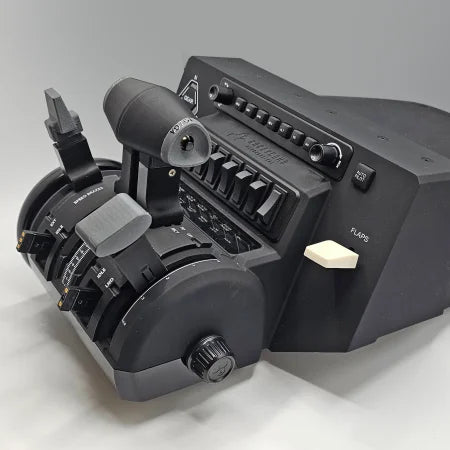 Close-up of a black flight simulator control panel showcasing the Prodesksim NEW! HA-420 HondaJet Throttle Lever Set for Honeycomb Bravo, equipped with functional GA buttons, throttle levers, flaps controls, and speed brake detents, against a plain background.