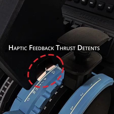 Close-up of a blue throttle control lever from the Prodesksim ProDeskSim Airbus A350 Advanced addon for the Honeycomb Bravo quadrant, with a red dashed circle highlighting a section. "Haptic Feedback Thrust Detents" overlay enhances your flight simulation experience.