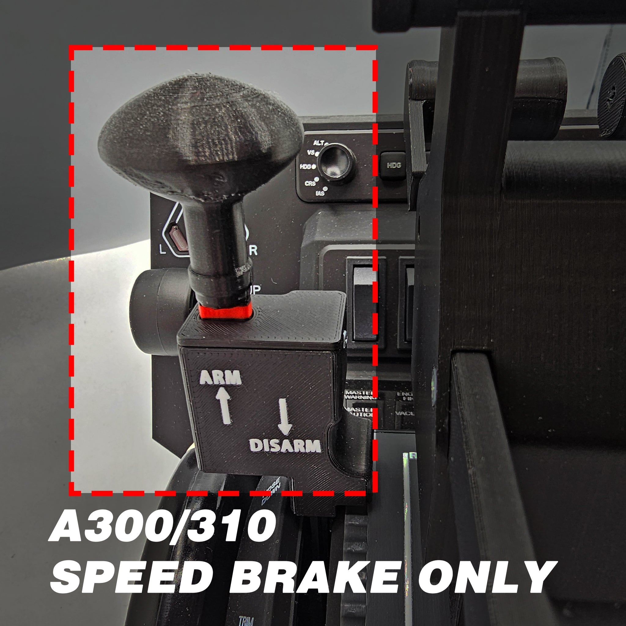 A close-up of the Prodesksim Airbus A300/310 Arm-Dis Arm Speed Brake Only for Honeycomb Bravo shows the control lever with "ARM" and "DISARM" labels, red dashed outlines, and text: "Airbus A300/310 SPEED BRAKE ONLY.