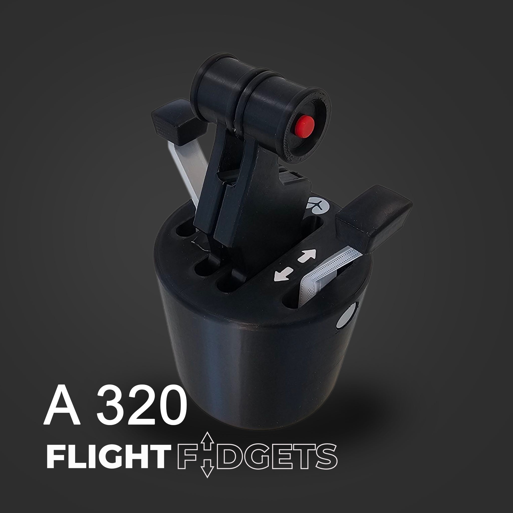 A black, airplane throttle-shaped fidget toy with levers and buttons is shown on a dark background—ideal for aviation fans. Text at the bottom left reads "AirBus 320 - The Cup Holder Flight Fidget" by FlightFidgets.com.