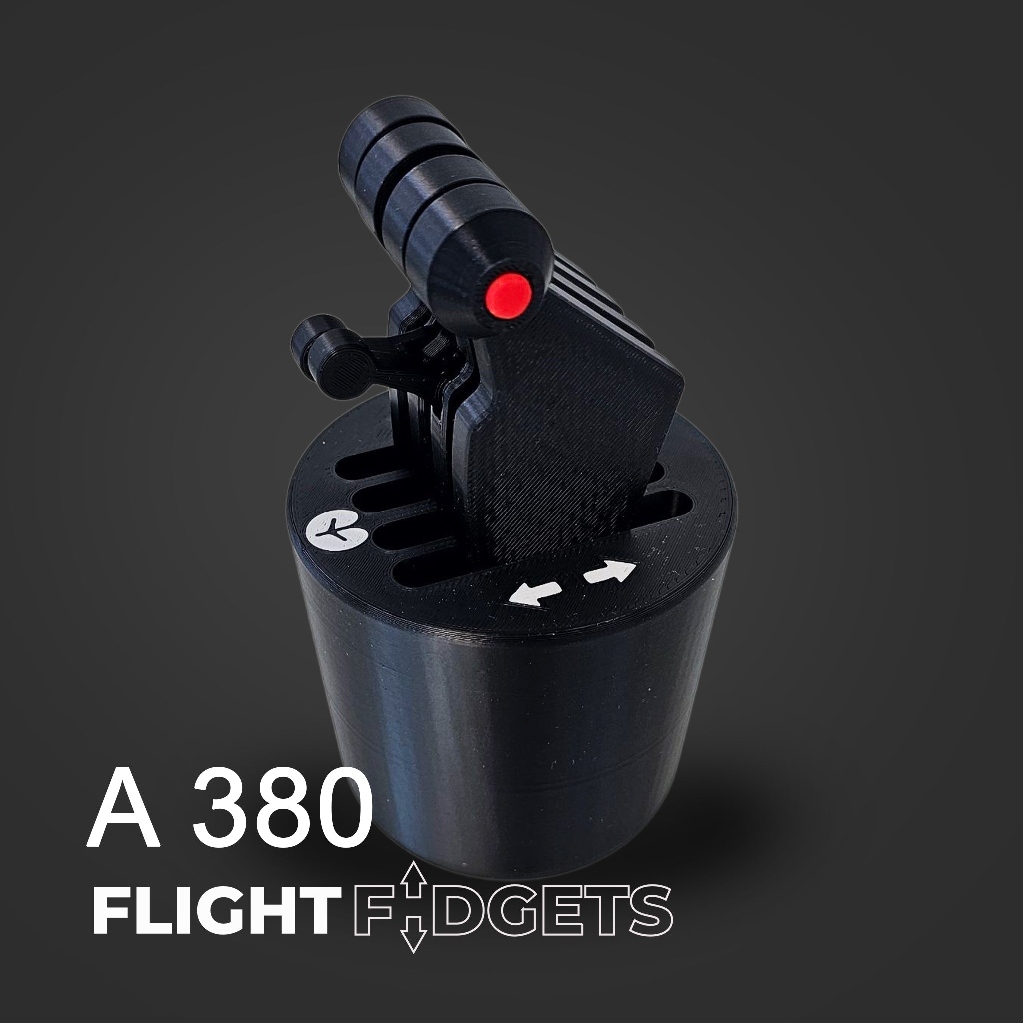A black AirBus 380 - The Cup Holder Flight Fidget by FlightFidgets.com, inspired by an aircraft throttle with a red-tipped lever, rests on a dark gradient. "A 380 FLIGHT FIDGETS" appears at bottom left—perfect for airplane fans.