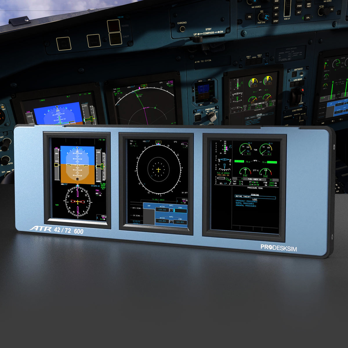 A close-up of the Prodesksim ProDeskSim Modular Display Unit showcases various digital flight instruments and interchangeable overlays, with an aircraft cockpit and additional screens visible in the blurred background.