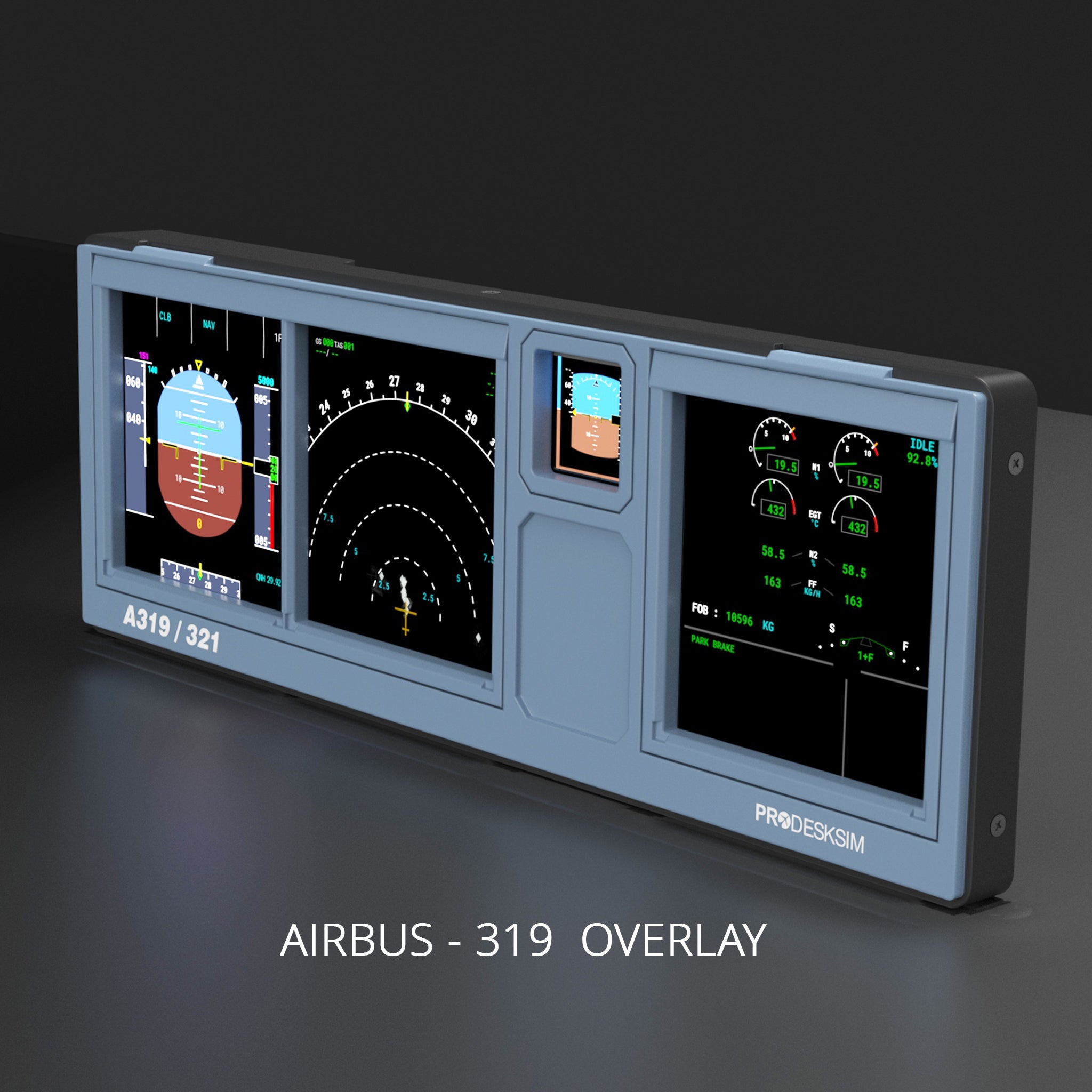 The Prodesksim Modular Display Unit is an LCD cockpit screen for Airbus A319/A321, displaying flight, navigation, and engine data with "Prodesksim" branding and "AIRBUS - 319 OVERLAY" text below.