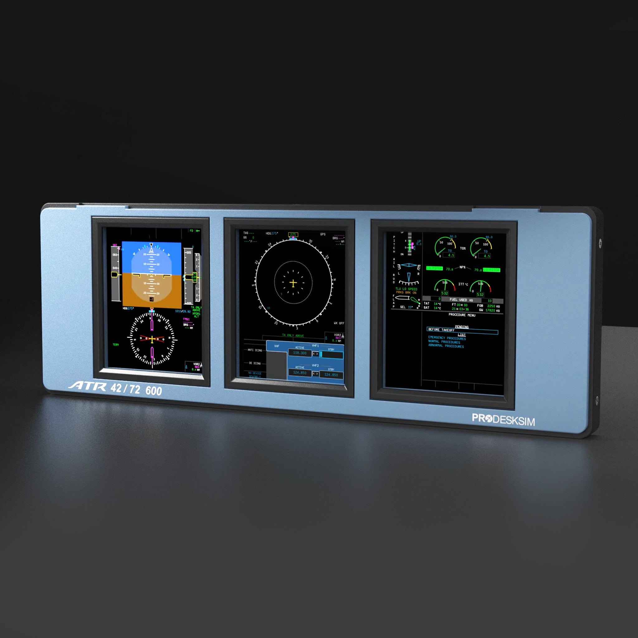 The ProDeskSim Modular Display Unit by Prodesksim is designed for ATR 42/72-600 cockpit instrument panels, featuring three digital screens that present flight, navigation, and engine data against a sleek dark background. Ideal for flight simulator hardware setups, this modular unit can be customized with interchangeable overlays for a personalized simulation experience.