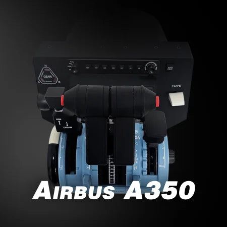A close-up of the ProDeskSim Airbus A350 Advanced addon for the Honeycomb Bravo throttle quadrant highlights its precise controls. Set against a dark background, it embodies an authentic flight simulation experience with "Airbus A350" in bold white at the bottom.