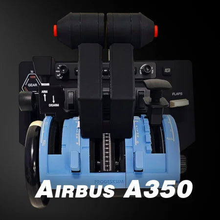 Enhance your flight simulation with the NEW! ProDeskSim Airbus A350 Advanced addon/mod for the Honeycomb Bravo throttle quadrant. Featuring blue levers and black controls on a sleek black backdrop, it's designed to elevate your virtual flying experience.