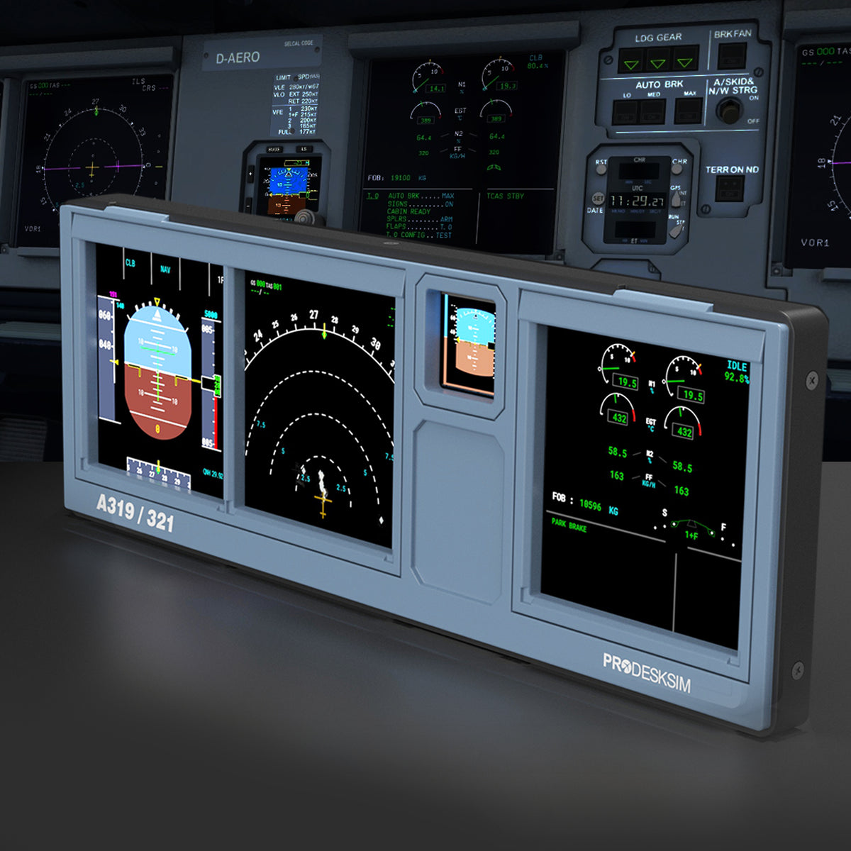 A close-up of a Prodesksim ProDeskSim Modular Display Unit showcases detailed digital flight and engine data screens on the avionics panel, with additional cockpit displays blurred in the background.