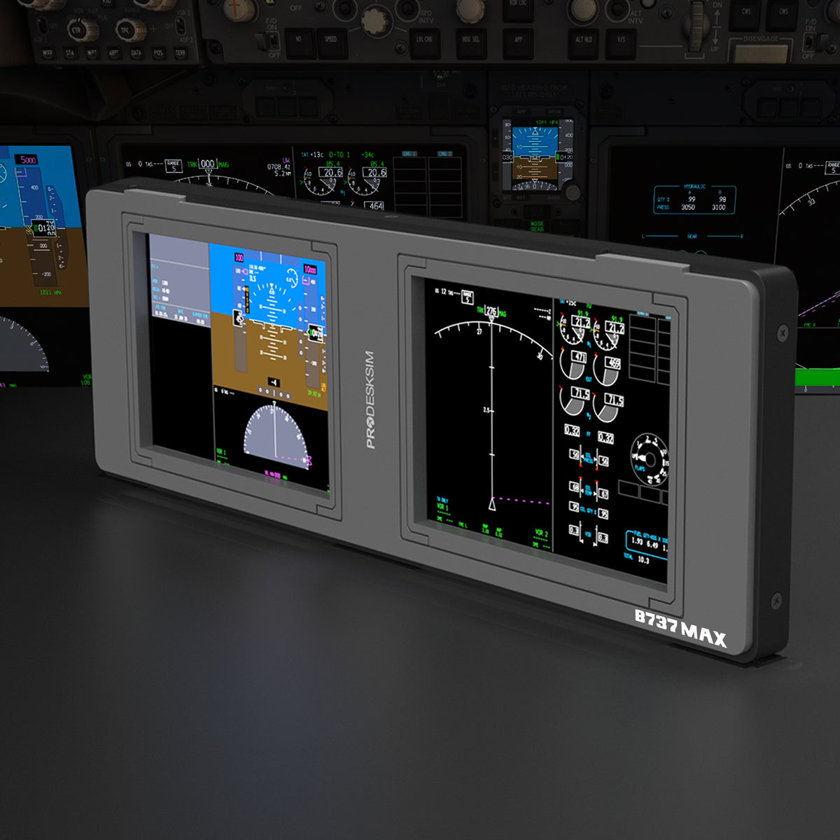 A close-up of two Prodesksim ProDeskSim Modular Display Unit screens, displaying flight data and instrument graphics on a sophisticated avionics panel, with additional aircraft controls visible in the background.