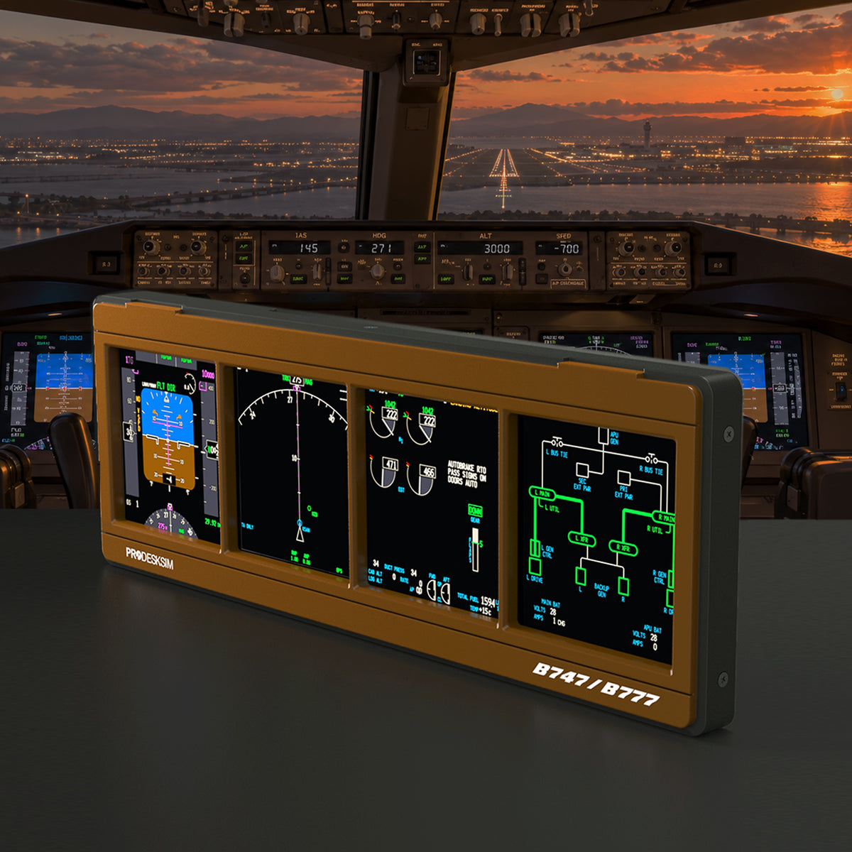 A Prodesksim ProDeskSim Modular Display Unit sits on a table, featuring interchangeable overlays labeled B747/B777, with an airplane cockpit and a lit runway visible through the cockpit windows at sunset in the background.