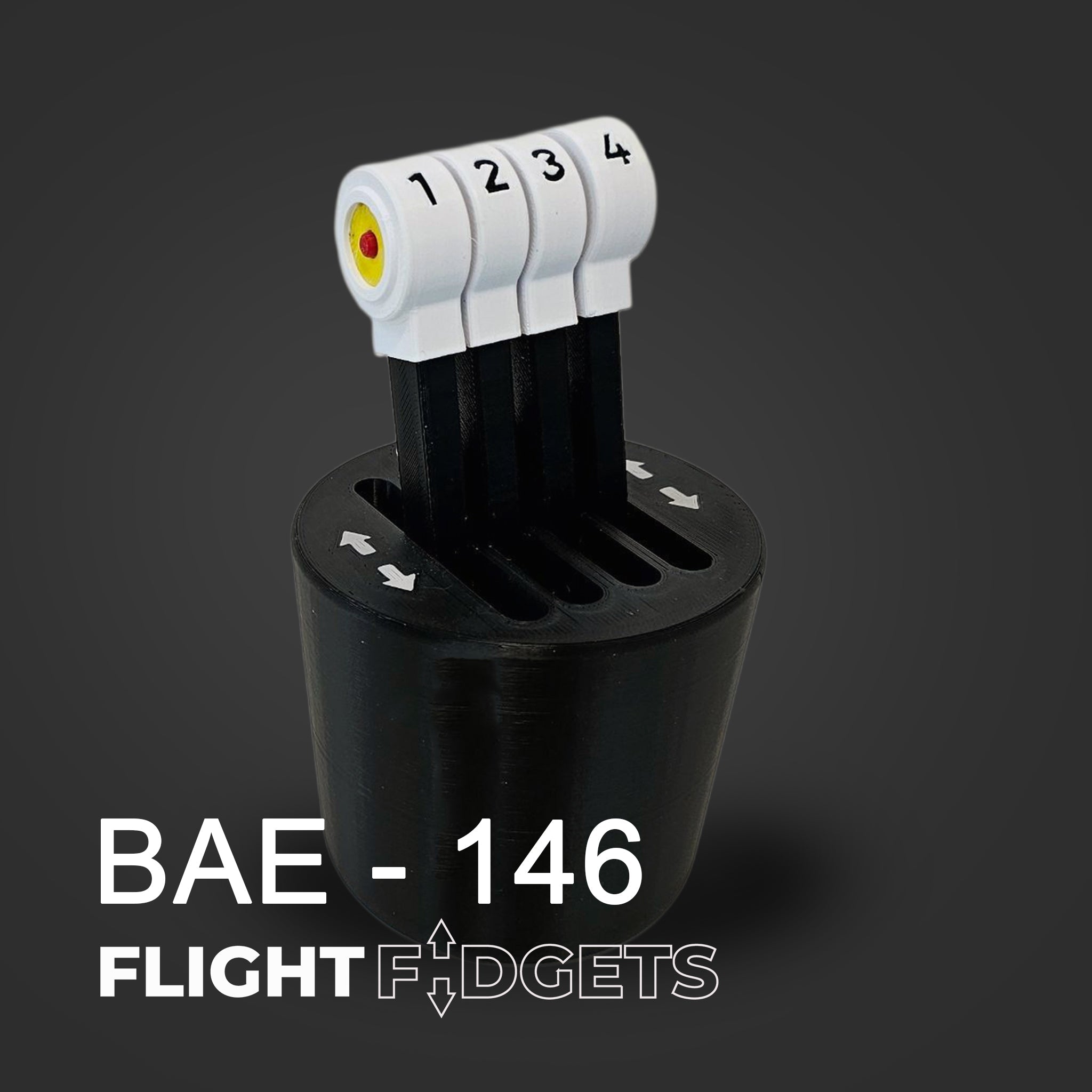 The BAE - 146 - The Cup Holder Flight Fidget by FlightFidgets.com features four black throttle levers, numbered 1-4, in a black base—ideal for airplane fans who enjoy tactile sensory play. "BAE - 146" and "FLIGHT FIDGETS" appear on a dark gray background.