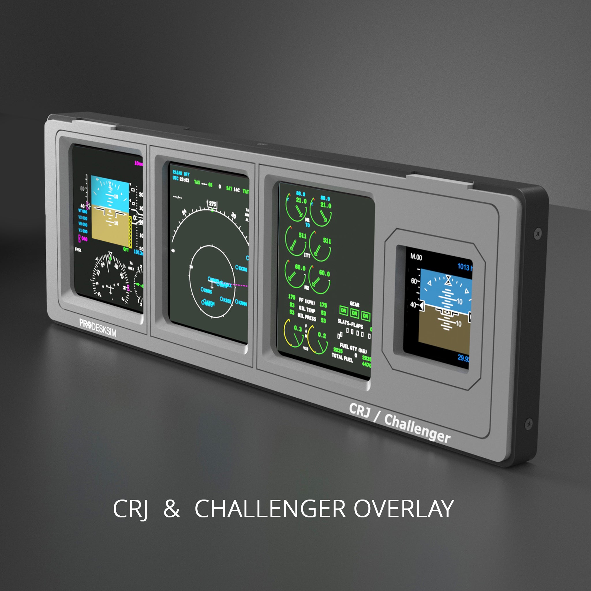 A gray ProDeskSim Modular Display Unit by Prodesksim features four LCD cockpit screens showing aircraft instruments, labeled “CRJ / Challenger Overlay” on a dark background.