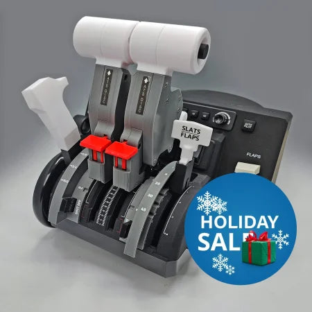 Prodesksim introduces the new Bombardier CRJ 500-1000 addon/mod package for the Honeycomb Bravo throttle quadrant, tailored for flight enthusiasts. This setup includes levers for engine control, flaps with labeled controls, and a variety of switches and knobs, all supported by a robust black base perfect for enhancing your flight simulation experience.