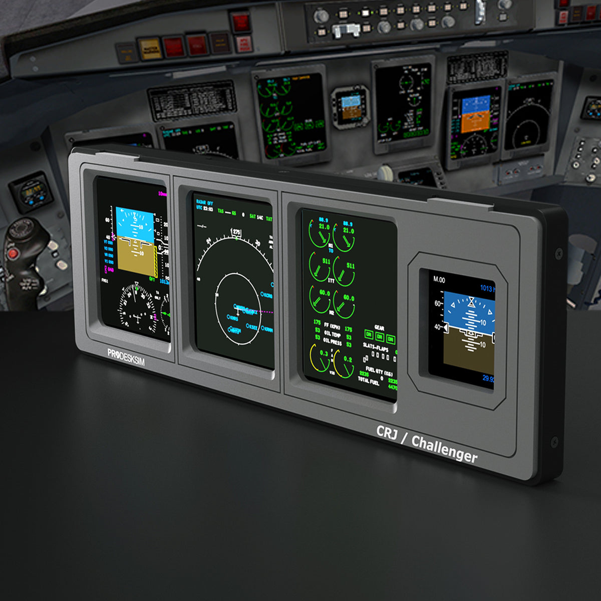 Four Prodesksim ProDeskSim Modular Display Units are displayed on a desk, each engineered as an advanced avionics panel labeled “CRJ / Challenger” for heightened realism. In the background, an aircraft cockpit filled with illuminated controls and screens enhances the immersive atmosphere. Perfect for use as flight simulator displays, these modular units offer customizable training options with interchangeable overlays to fit various scenarios.