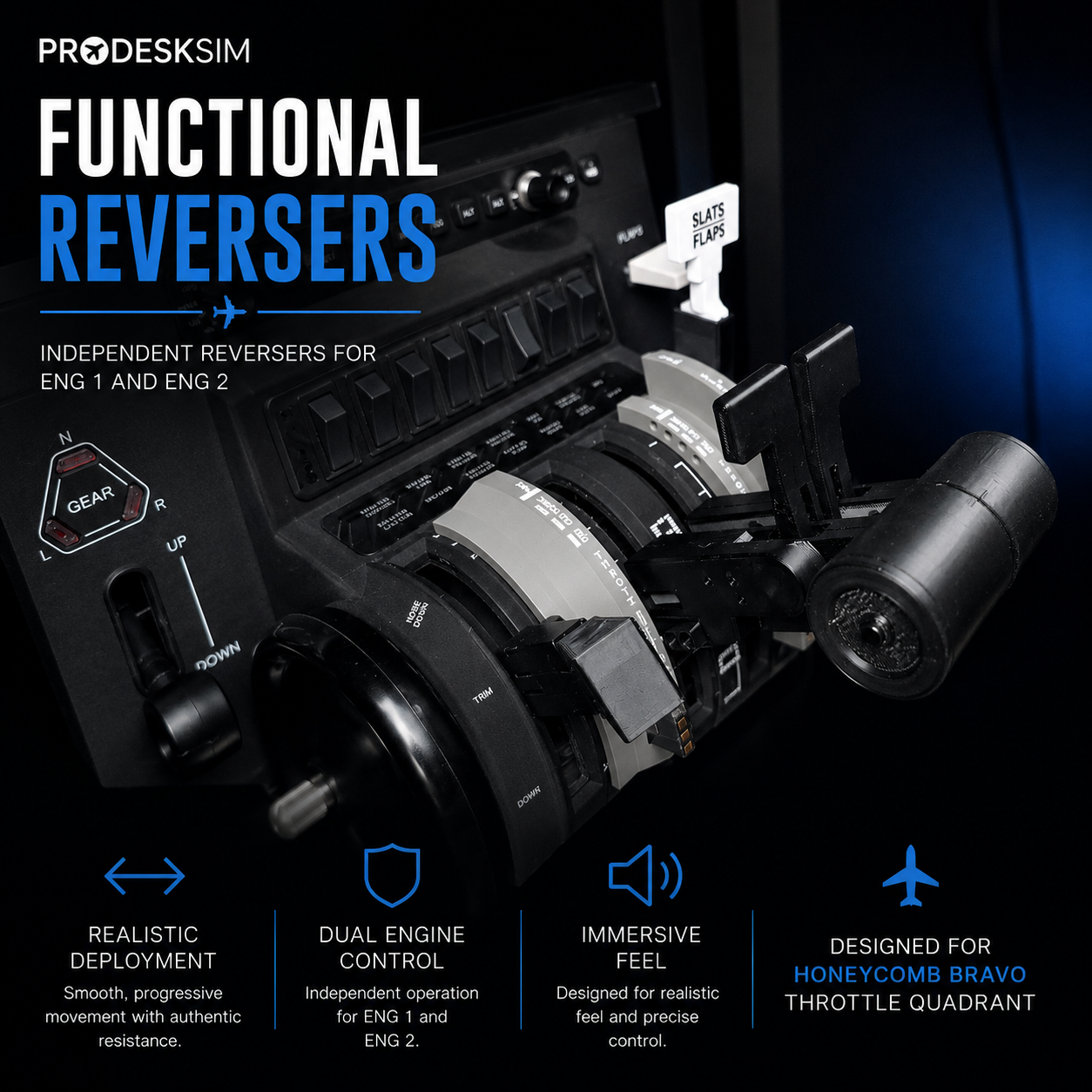 Close-up of the Prodesksim NEW! ProDeskSim Citation X Throttle add-on for Honeycomb Bravo throttle quadrant, featuring dual engine control and functional reversers in a sleek, pro setting—ideal for serious flight simulation enthusiasts.