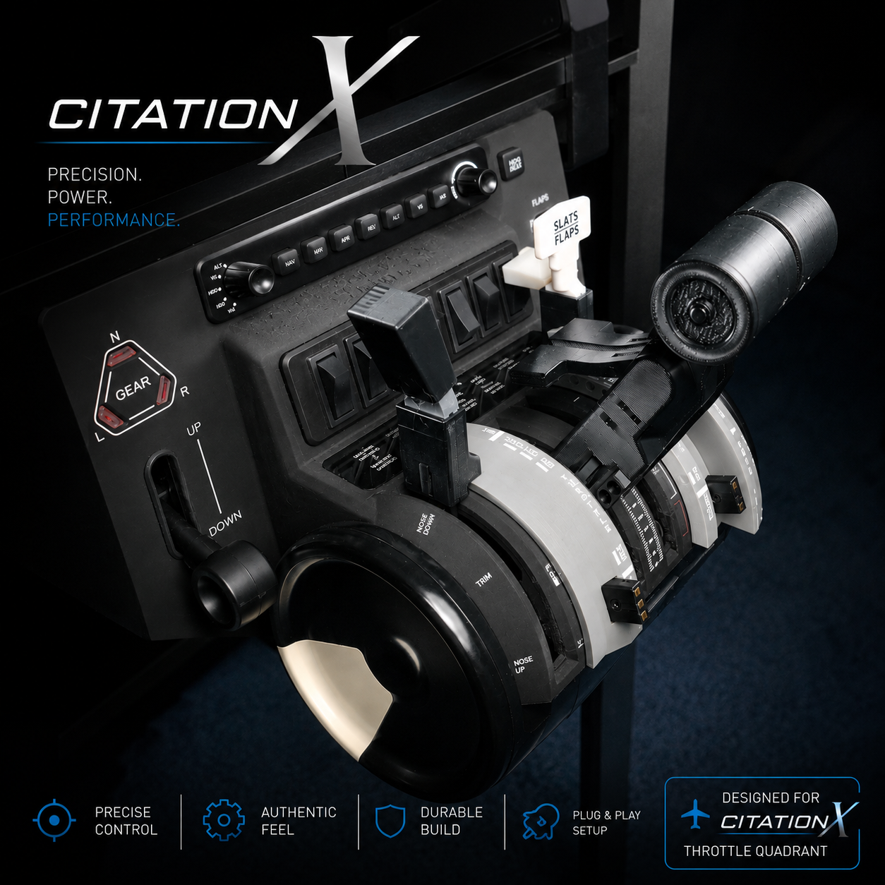 The ProDeskSim Citation X Throttle add-on for Honeycomb Bravo delivers labeled levers, buttons, and switches for precise, realistic control—perfect for immersive flight sim. Durable stand-mounted design by Prodesksim enhances authenticity.