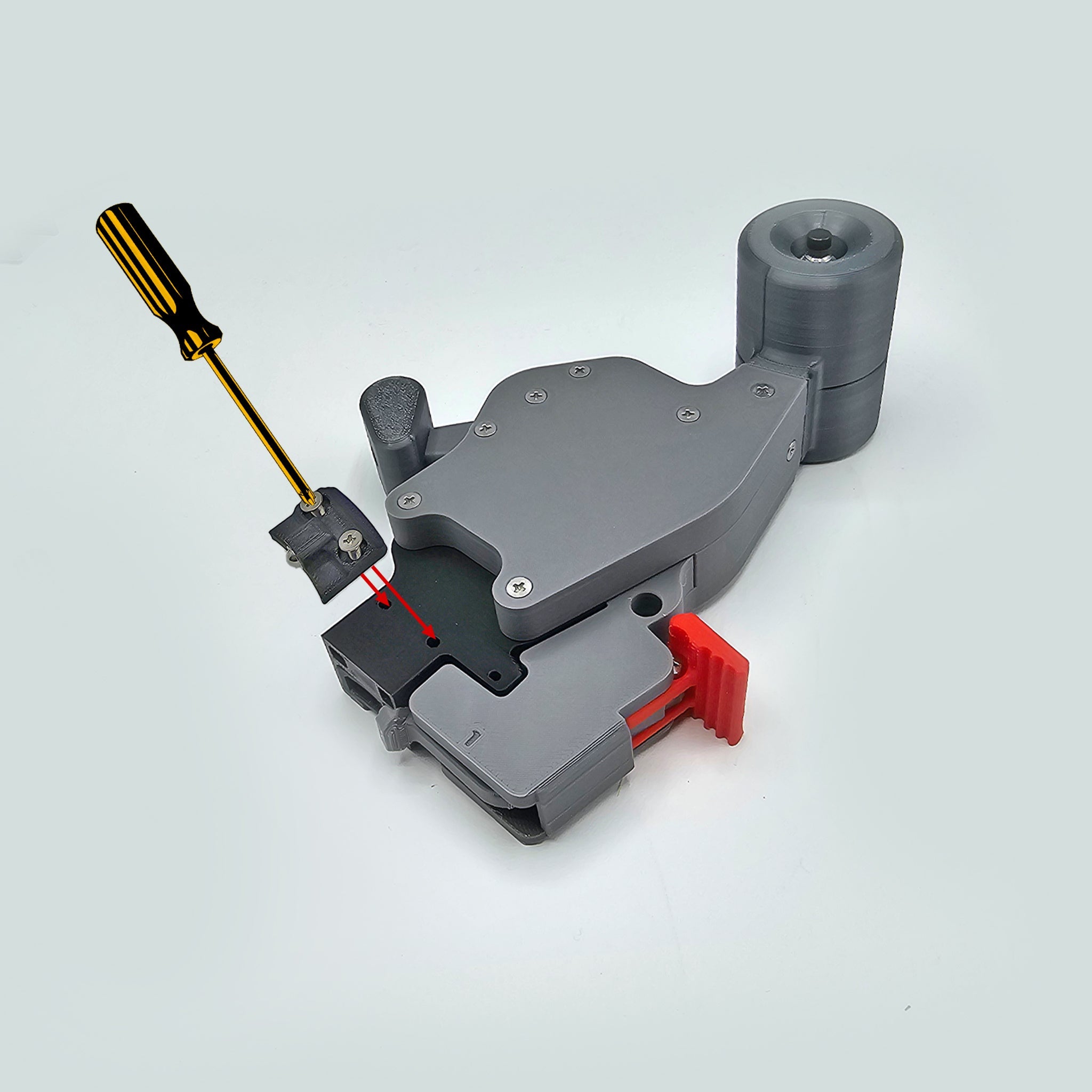 Introducing the "Add CRJ To Your Challenger Package" by Prodesksim: a 3D-printed tool in elegant gray and red, featuring a sleek cylindrical component and a precision ProDeskSim lever. Its small attachment is adjustable with a screwdriver, set against a stylish light gray background. Perfect for enthusiasts, it pairs seamlessly with Honeycomb Bravo levers to elevate your experience.