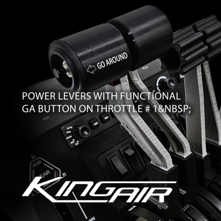 Close-up of the Prodesksim Beechcraft King Air Advanced Addon/Throttle Pack for Honeycomb Bravo, showing a functional "GO AROUND" button on throttle #1, with “POWER LEVERS WITH FUNCTIONAL GA BUTTON ON THROTTLE #1” and "KING AIR" text overlaid.