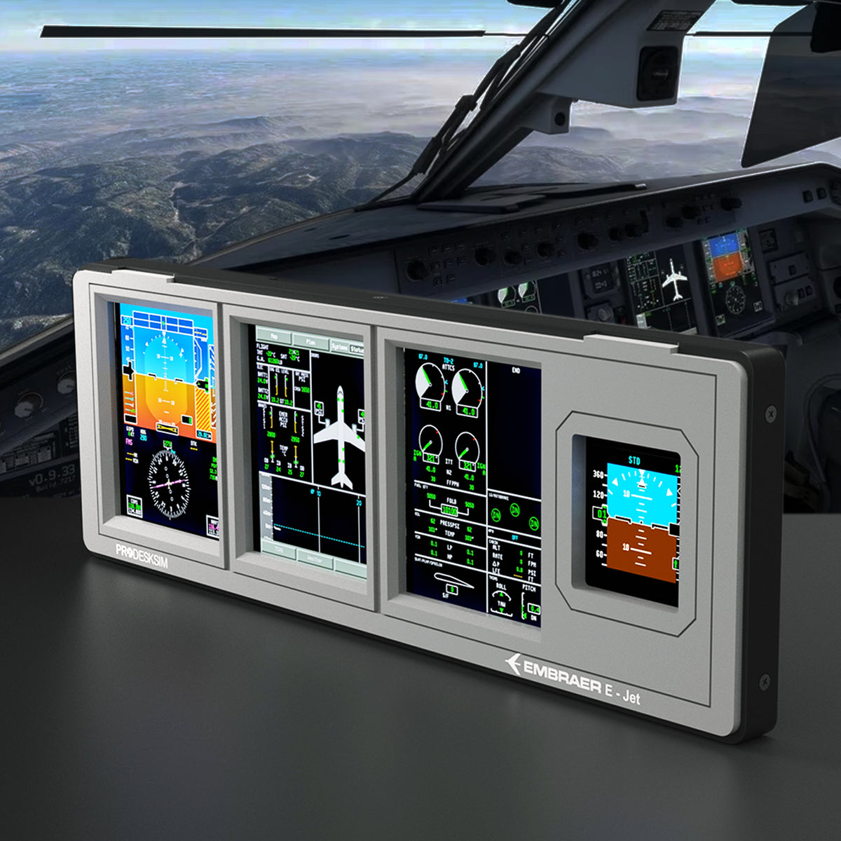 A close-up of the Prodesksim ProDeskSim Modular Display Unit on a desk, showcasing various digital flight instruments and an avionics panel with interchangeable overlays. An airplane cockpit with a scenic view is visible in the background.