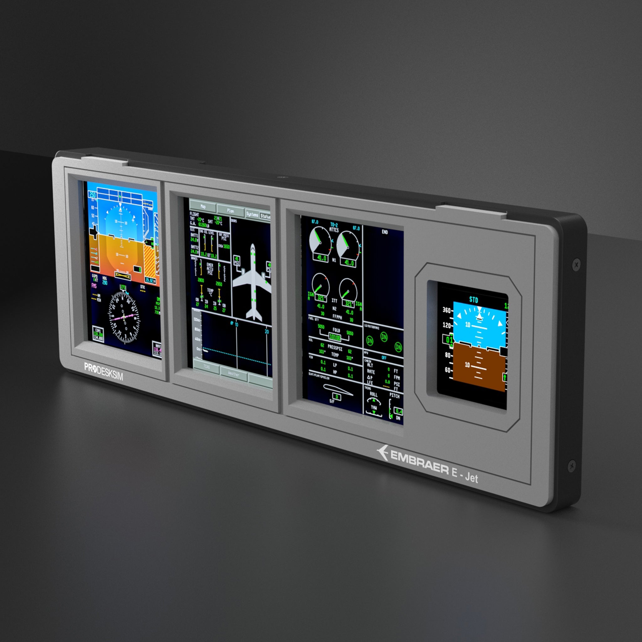 The Prodesksim ProDeskSim Modular Display Unit features four digital screens that present flight data, engine parameters, and navigation information on a sleek gray panel. This modular unit is ideal for flight simulator hardware applications and supports interchangeable overlays for customized training experiences.