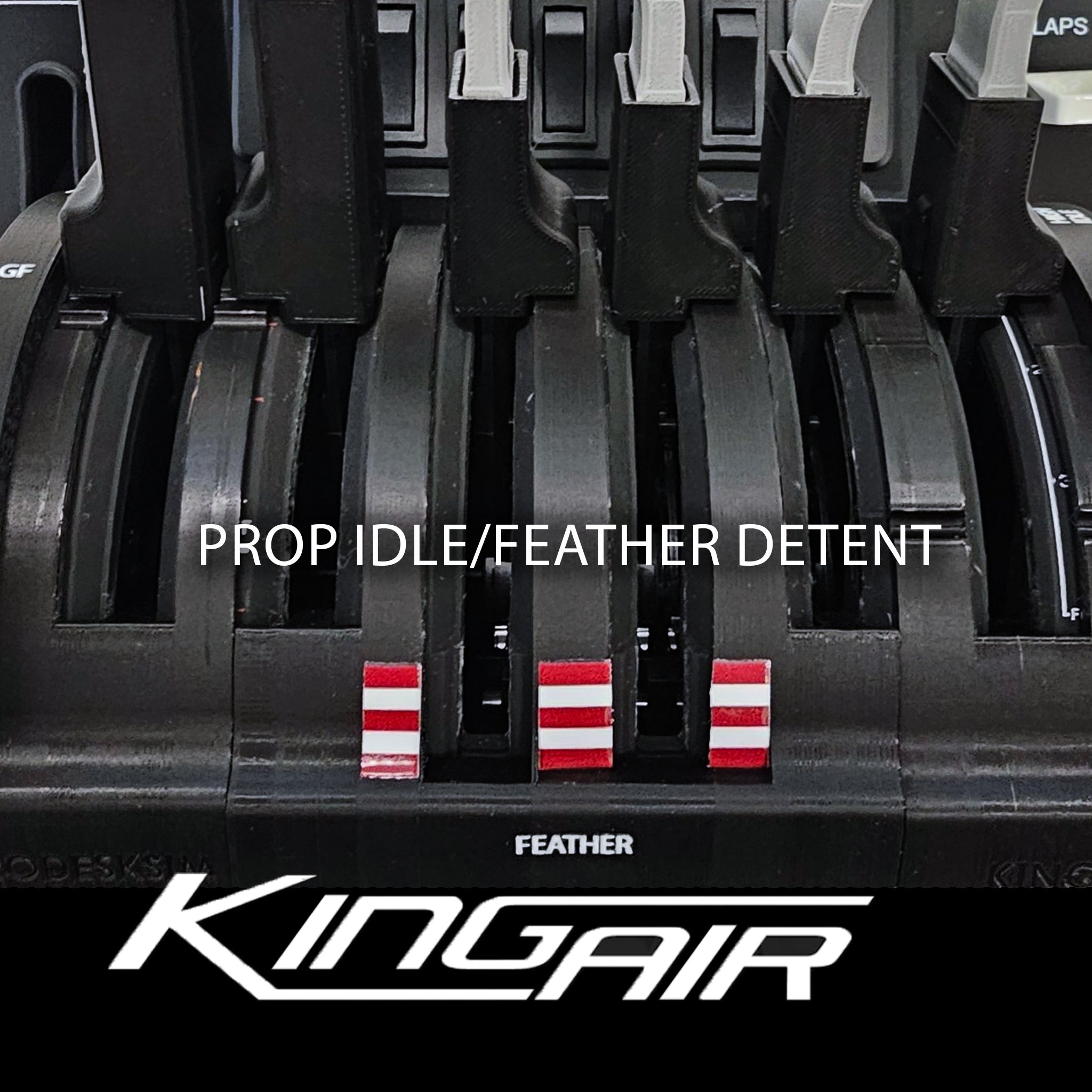 Close-up of Prodesksim's Beechcraft King Air Advanced Addon/Throttle Pack for Honeycomb Bravo, highlighting the "PROP IDLE/FEATHER DETENT" with red and white stripes, "FEATHER" label below, and King Air logo at the base. Ideal for flight simulation.
