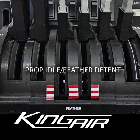 Close-up of Prodesksim's Beechcraft King Air Advanced Addon/Throttle Pack for Honeycomb Bravo, highlighting the "PROP IDLE/FEATHER DETENT" with red and white stripes, "FEATHER" label below, and King Air logo at the base. Ideal for flight simulation.
