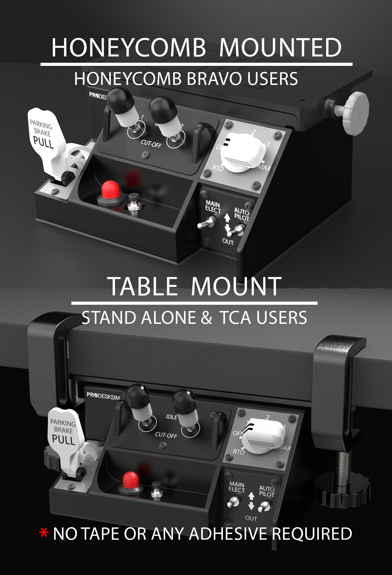 Two close-up images of the Prodesksim Stand Alone B7X7 Panel—one mounted on a Honeycomb Bravo base, the other table-mounted—highlight its switches and labels, showing desktop flight simulator compatibility.