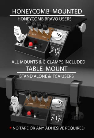 The Prodesksim Stand Alone B7X7 Panel offers two mounting options: direct attachment to a Honeycomb Bravo or table-edge clamping. Includes all mounts/clamps, labeled controls, starter switches, and levers for your home cockpit.