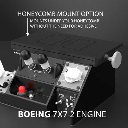 The Prodesksim Stand Alone B7X7 2 Engine Panel features labeled knobs and switches for fuel cut-off, auto brake, parking brake, and stab trim. No adhesive needed with its honeycomb mount—ideal for your home flight simulator cockpit.