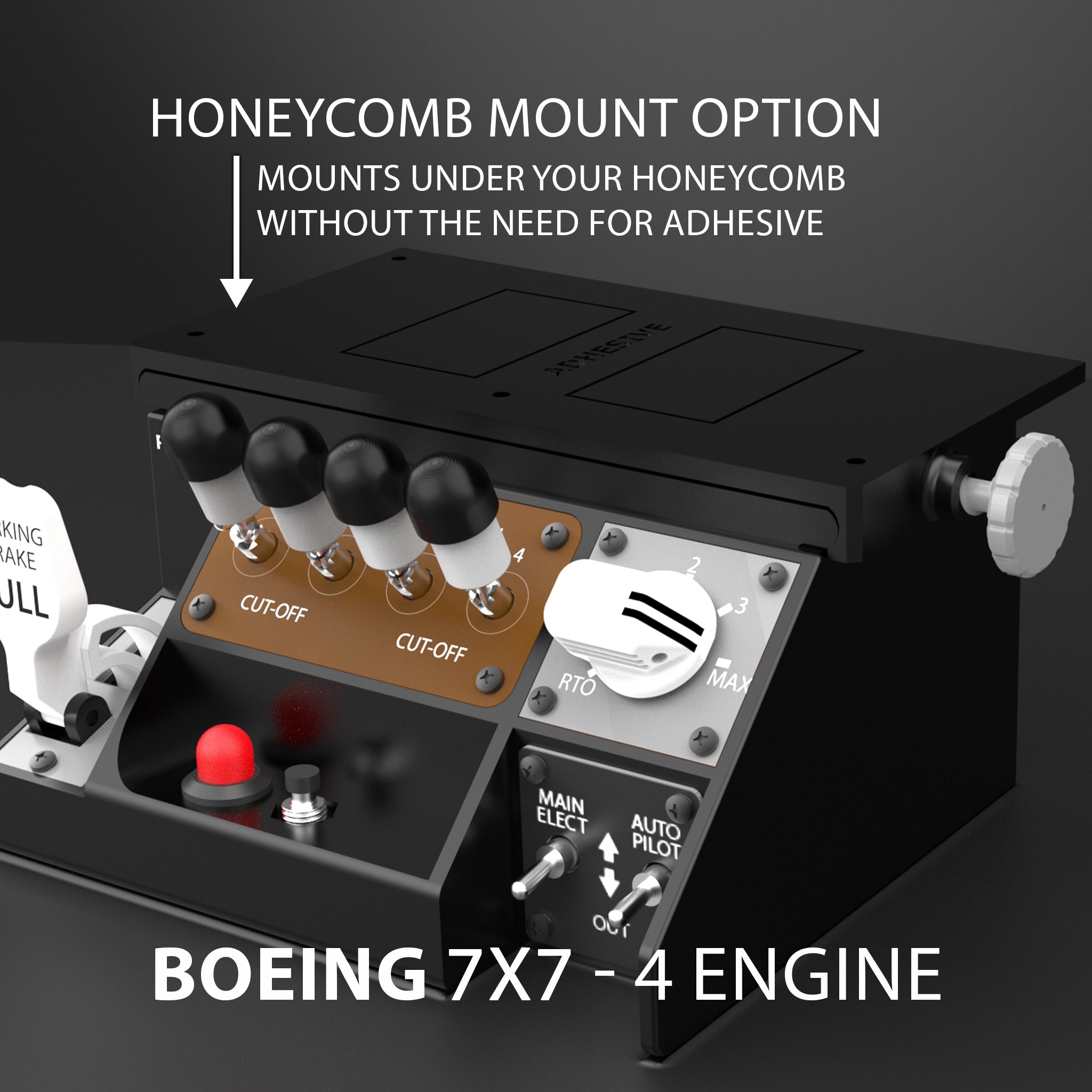 The Prodesksim Stand Alone B7X7 panel features fuel cut-off, auto brake, parking brake, and stab trim controls for 4-engine Boeing 7x7 home cockpits, and mounts under a Honeycomb device without adhesive.