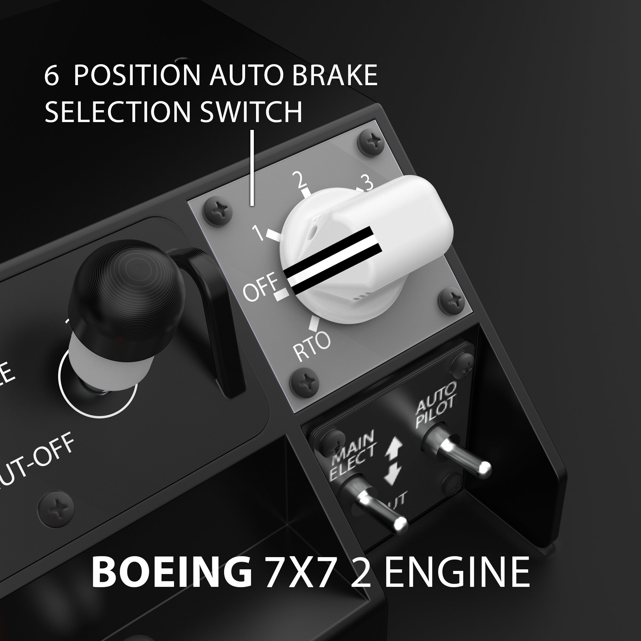 Close-up of the Prodesksim Stand Alone B7X7 panel shows a 6-position auto brake switch (OFF, 1, 2, 3, MAX, RTO) for two-engine aircraft—ideal for home cockpits or desktop simulators. Other Prodesksim controls are visible.