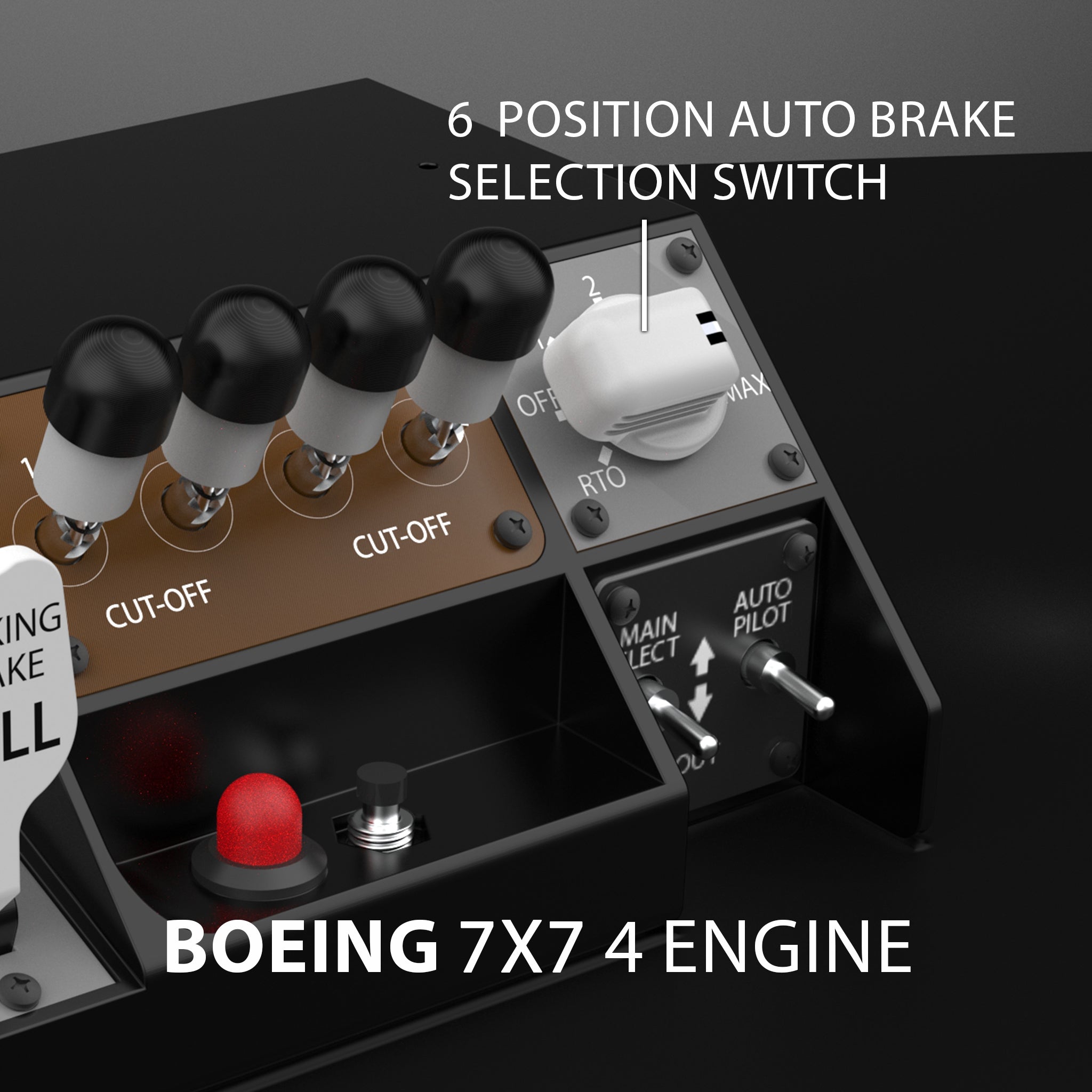 Close-up of the NEW! Prodesksim Stand Alone B7X7 Panel by Prodesksim, featuring 4-engine fuel cut-off levers, a 6-position auto brake switch, parking brake, stab trim, and more—perfect for your home cockpit setup.