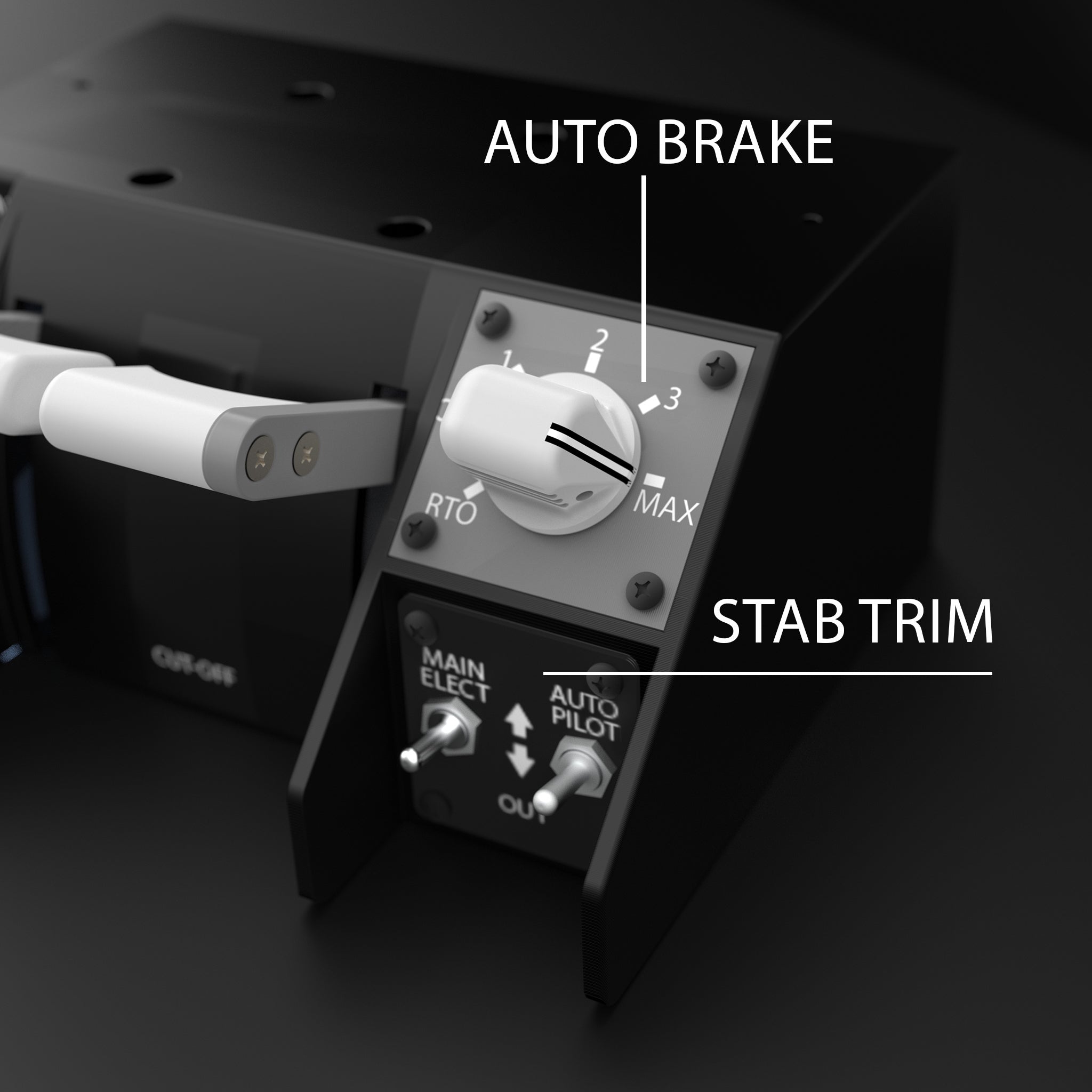 Close-up of the NEW! Prodesksim Stand Alone B737 Fuel Cut-off/Parking Brake/Stab Trim Panel by Prodesksim, showing labeled controls—perfect for adding realism to any USB-C flight simulator setup.