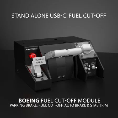 The Prodesksim NEW! Stand Alone B737 Fuel Cut-off/Parking Brake/Stab Trim Panel features labeled black levers and switches, including fuel cut-off, parking brake, auto brake, and stab trim—ideal for any home cockpit setup.