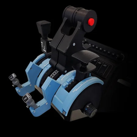 A close-up of the Prodesksim NEW! Airbus A319-A321 Advanced addon/mod package for the Honeycomb Bravo throttle quadrant, with labeled levers for Engine 1 and 2—ideal for flight sim fans or as an Airbus display.