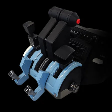 A close-up of the Prodesksim NEW! ProDeskSim Airbus A350 Advanced addon/mod for the Honeycomb Bravo throttle quadrant, featuring labeled levers and controls. Perfect for upgrading your flight sim setup with authentic Airbus A350 functionality.