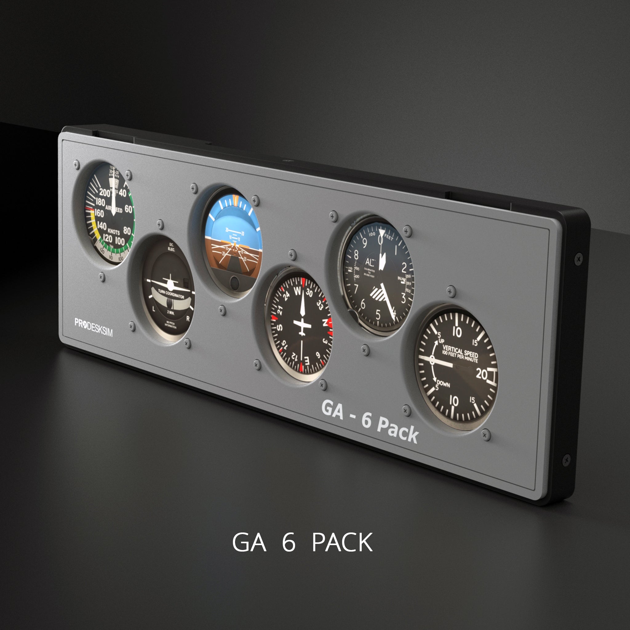 The Prodesksim ProDeskSim Modular Display Unit features a rectangular panel with six round flight instruments on a gray background, reminiscent of classic avionics, with "GA 6 PACK" displayed beneath.