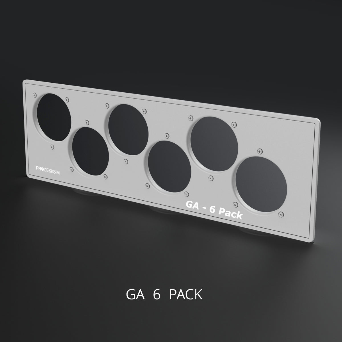 A rectangular light gray ProDeskSim Modular Display GA - 6 Pack Overlay Only for a 14.9″ touch LCD, featuring six circular cutouts and decorative screws.