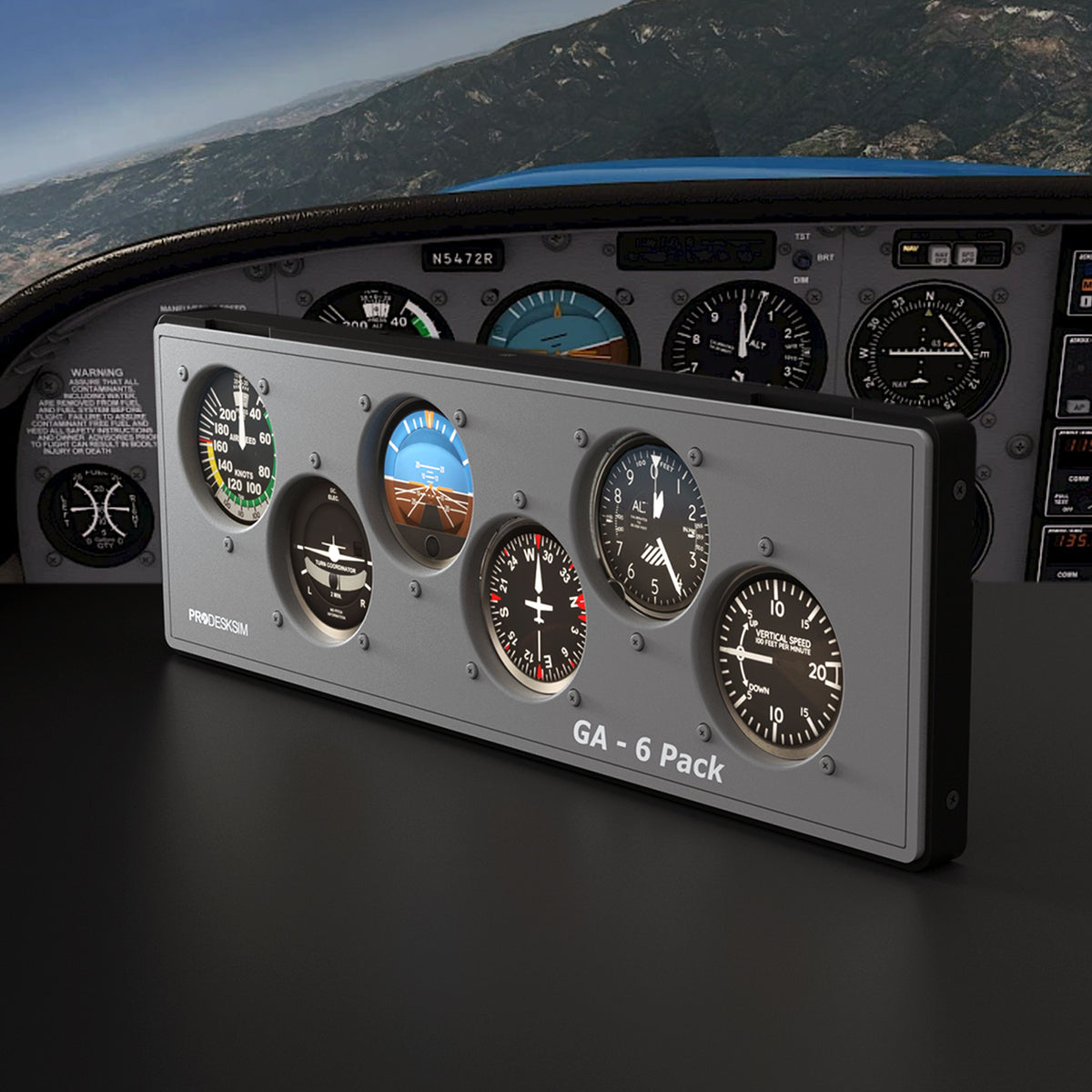 A Prodesksim ProDeskSim Modular Display Unit flight simulator cockpit displays an external landscape and a close-up of a gray avionics panel labeled “GA - 6 Pack,” featuring six circular flight instruments such as the altimeter and airspeed indicator for pilot training. The realistic ProDeskSim Modular Display Unit enhances immersion and enables pilots to practice using interchangeable overlays for different cockpit configurations.