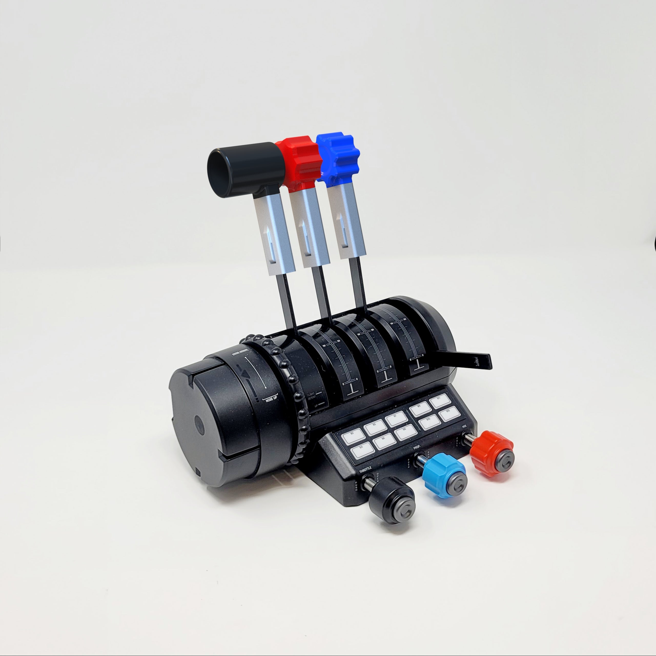 The Prodesksim First Ever GA Addon for Turtle Beach Velocity One features a sophisticated mechanism that includes black cylindrical elements, three levers with blue and red accents, and multiple white buttons on a rectangular base. This product is perfect for elevating your flight simulation experience against a simple white background.
