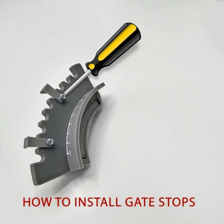 A metal gate stop with a serrated edge is displayed alongside a screwdriver, subtly evocative of the precision equipment used in the ProdeskSim Boeing 737 Advanced Full Package Addon for Honeycomb Bravo throttle quadrant. Beneath this, the text "HOW TO INSTALL GATE STOPS" appears in red on a plain, light gray background.
