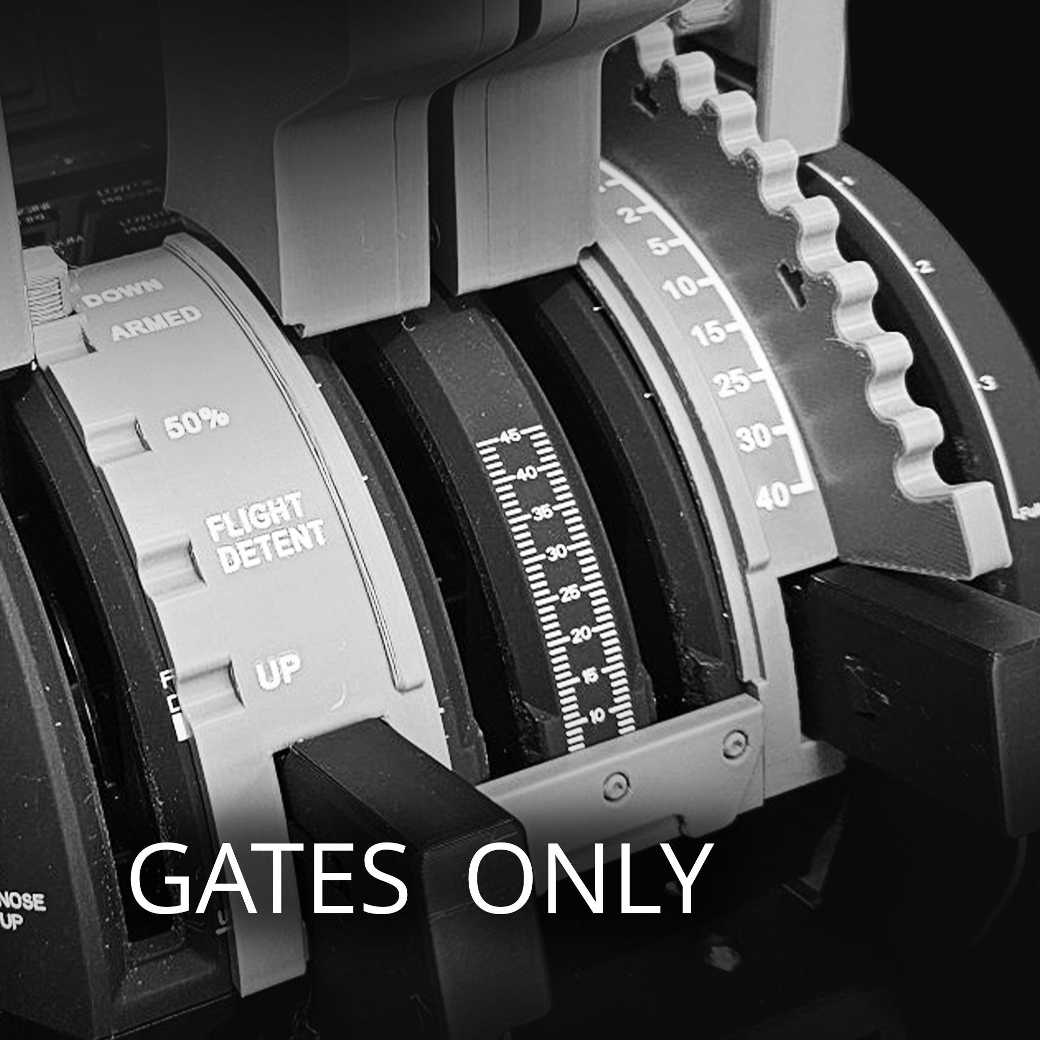 Close-up photo of ProDeskSim B737 Ultra Addon Gates Only throttle quadrant levers by Prodesksim, highlighting the labeled markings and precision detailing ideal for a flight simulator setup. White bold text at the bottom reads “GATES ONLY.” The image is in black and white.