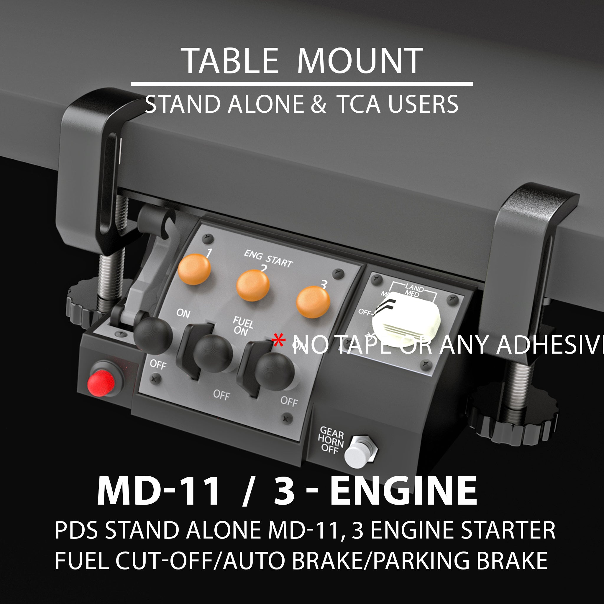 Close-up of the Prodesksim NEW! ProDeskSim Stand Alone MD-11 panel, featuring labeled switches for 3 engine start, fuel cut-off, auto brake, and parking brake with large clamps for secure table-mounting—ideal for home cockpits or USB-C simulators.