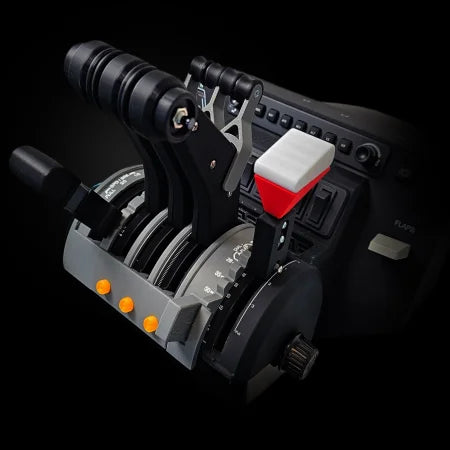 Close-up of the Prodesksim McDonnell Douglas MD-11 throttle quadrant for Honeycomb Bravo and Microsoft Flight Simulator, showcasing black and silver levers, a red lever, and orange indicator lights against a black background, resembling authentic aircraft controls.