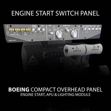 A close-up of the Prodesksim Stand Alone B737 Engine Start/APU/Lights module overhead panel shows clearly labeled switches and flight sim controls, capturing authentic Boeing 737 functions for enhanced simulation realism.